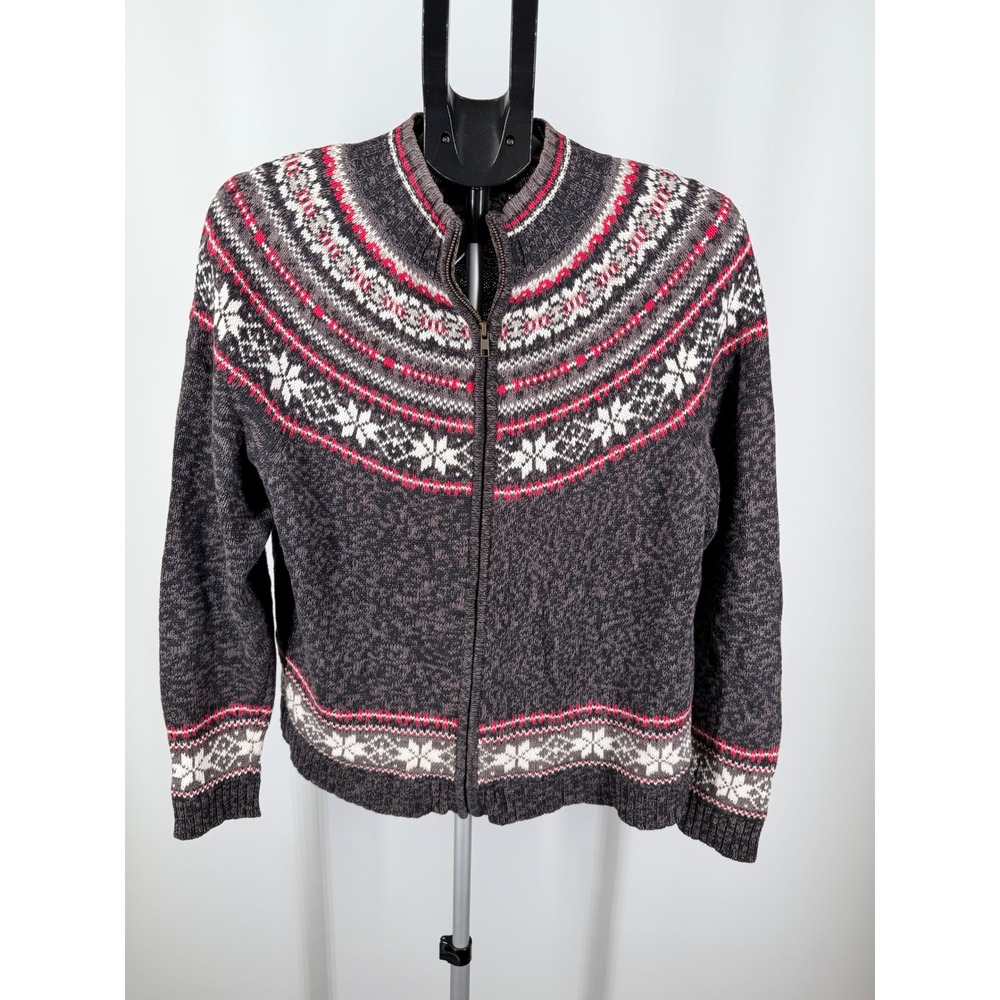 Heirloom Collectibles Womens Fair Isle Zip Cardigan Sweater Gray Red Snowflake L